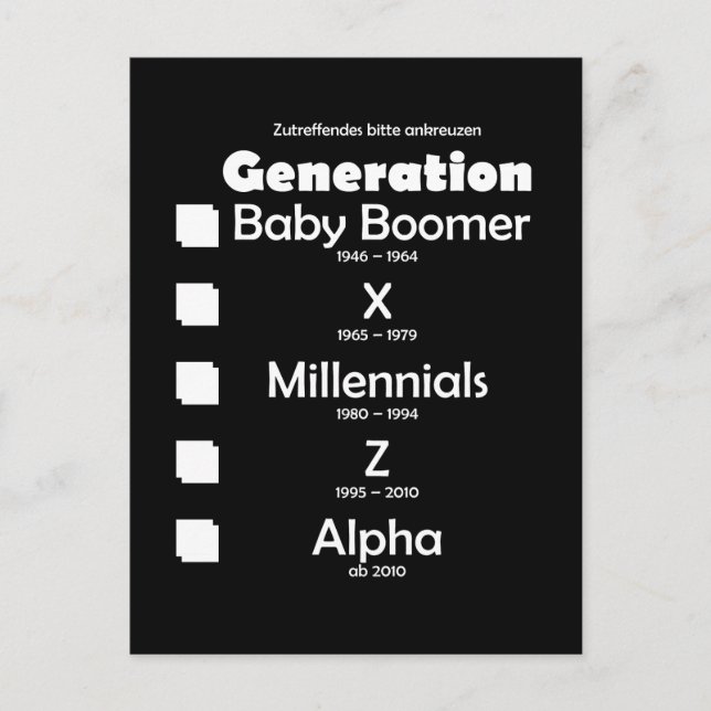 Cartão Postal Generationen Baby Boomer, X, Y, Millennials, Z, Al (Frente)