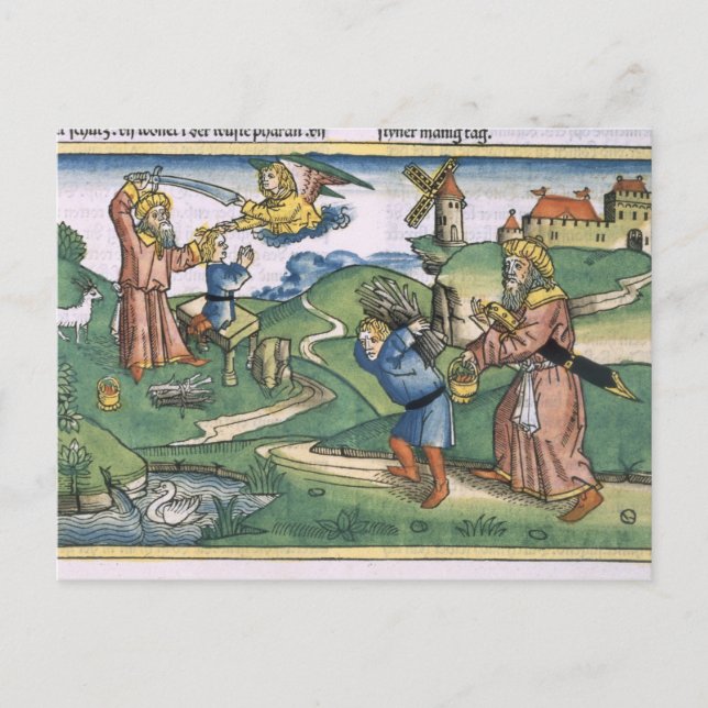 Cartão Postal Genesis 21 1-14 Abraão está oferecendo Isaac, para (Frente)