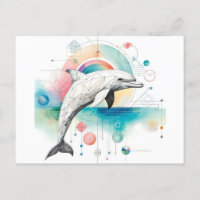 Cartão postal geométrico de golfinho com Watercolo