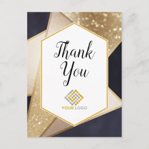 Cartão Postal Geométrico Dourado Azul Marinho Obrigado Logotipo 