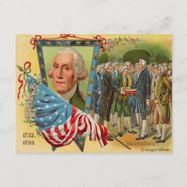 Cartão Postal George Washington Inauguração Bandeira Americana (Frente)