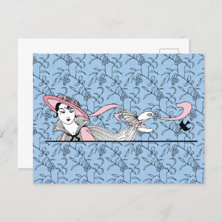 Cartão Postal Georges Barbier 1920 Fashion Lady and Bird