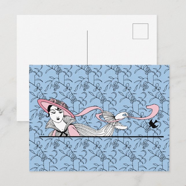 Cartão Postal Georges Barbier 1920 Fashion Lady and Bird (Frente/Verso)