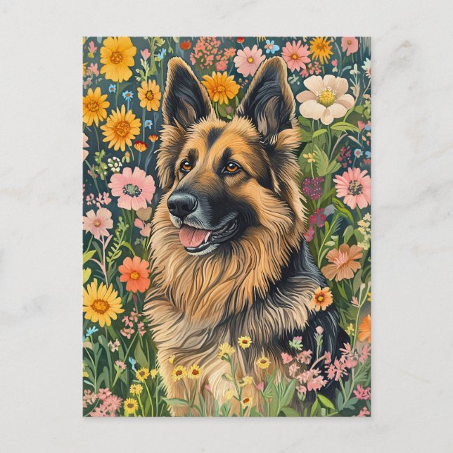Cartão Postal German shepherd de trigo em jardim de flores (Frente)