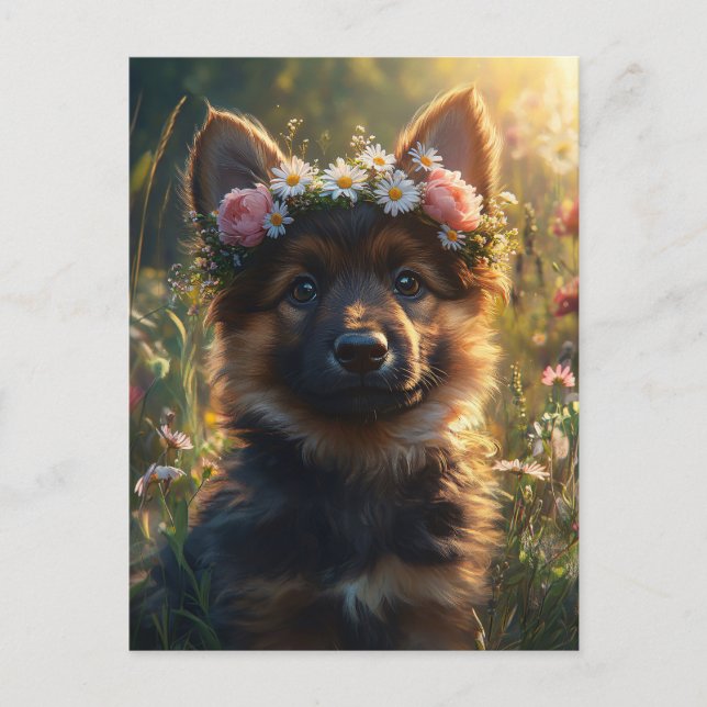 Cartão Postal German Shepherd Dog Puppy in a Flower Crown (Frente)
