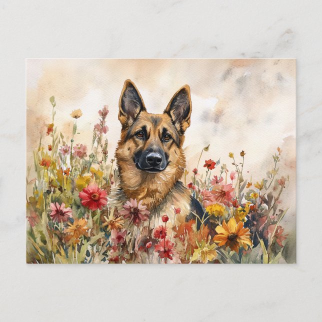 Cartão Postal German shepherd Entre Flores Selvagens Vibrantes (Frente)