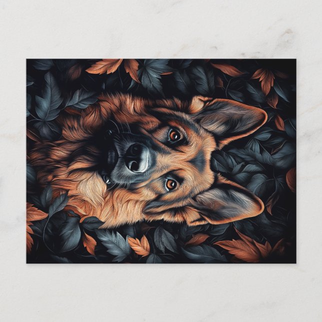 Cartão Postal German shepherd nas Folhas (Frente)