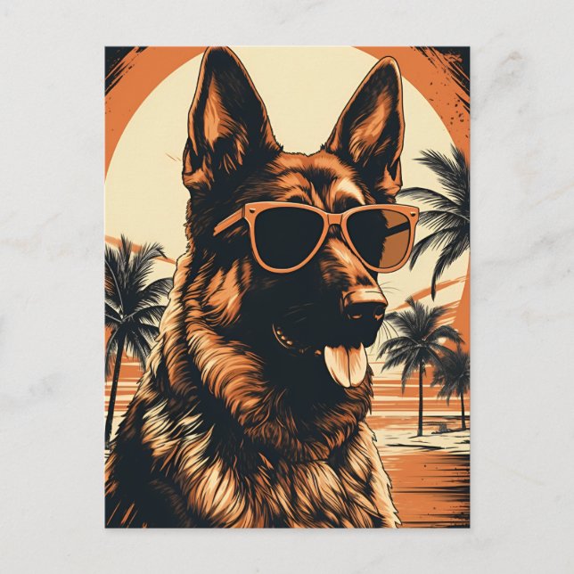 Cartão Postal German shepherd numa praia tropical durante o pôr  (Frente)