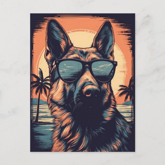 Cartão Postal German shepherd numa praia tropical durante o pôr  (Frente)
