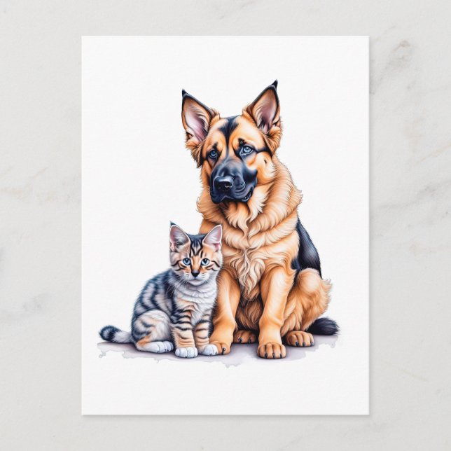Cartão Postal German Shepherd Puppy And Maincoon Kitten (Frente)