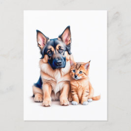 Cartão Postal German Shepherd Puppy And Maincoon Kitten