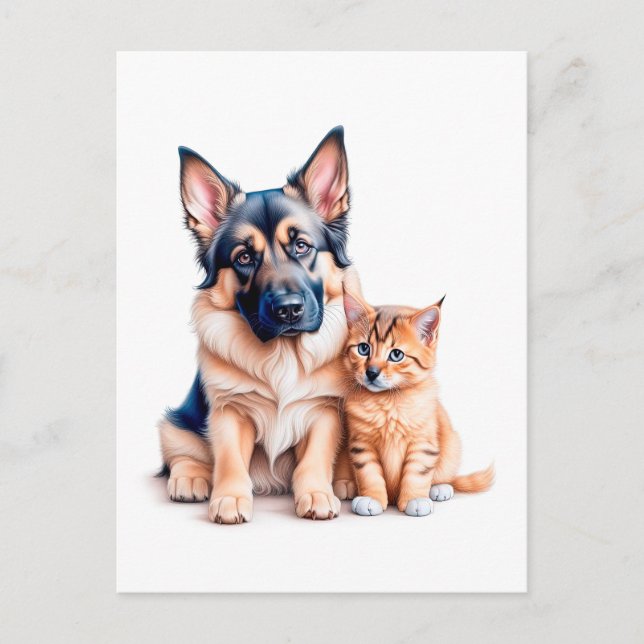 Cartão Postal German Shepherd Puppy And Maincoon Kitten (Frente)