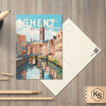 Cartão Postal Ghent Belgium Viagem Art Vintage<br><div class="desc">Design de viagem de vetor retrô ganso. Ghent é conhecido por suas grandes praças públicas e mercados,  entre as quais o Vrijdagmarkt,  o centro da vida da cidade medieval.</div>