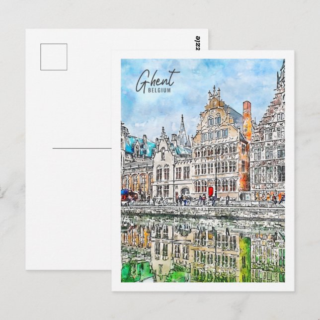 Cartão Postal Ghent Belgium Viagem Place Watercolor (Frente/Verso)