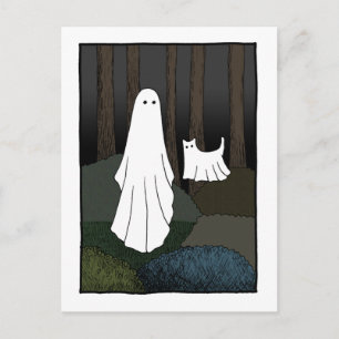 Cartão Postal Ghost e Ghost Cat no bosque engraçadinho