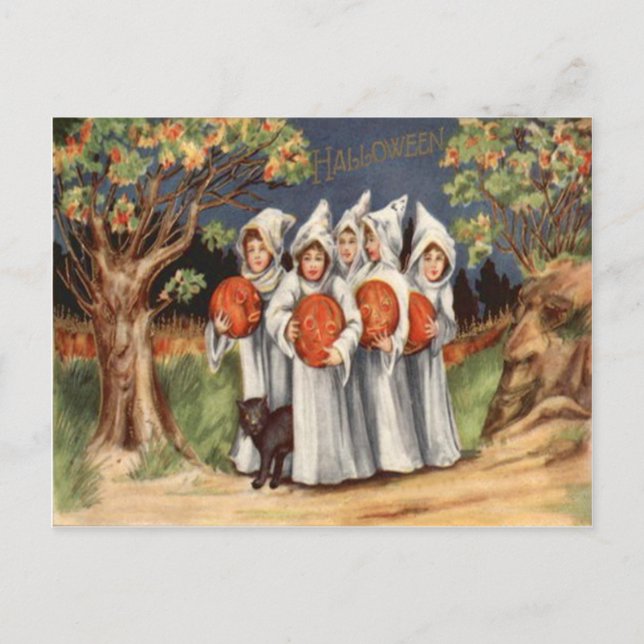Cartão Postal Ghost Gato Negro O Lanterna Pumpkin (Frente)