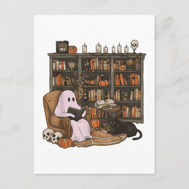 Cartão Postal Ghost Reading Book Cat lover Halloween (Frente)