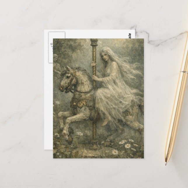 Cartão Postal Ghost Woman on Abandoned Carousel Horse in Garden (Frente/Verso In Situ)