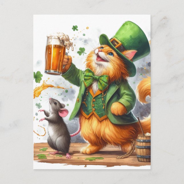 Cartão Postal Ginger Cat Adorável e um Rato com Cerveja (Frente)