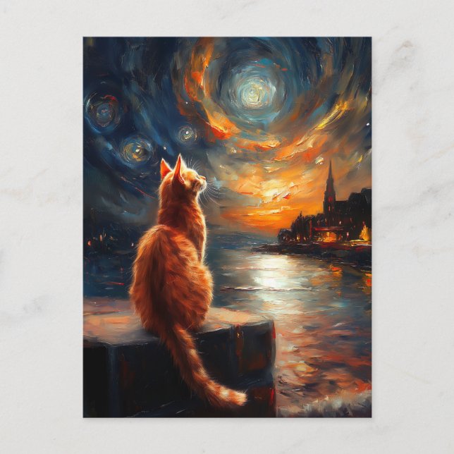 Cartão Postal Ginger Cat Contemplativo | Starry Night Sky (Frente)