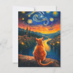 Cartão Postal Ginger Cat Contemplativo Starry Night Sky Art