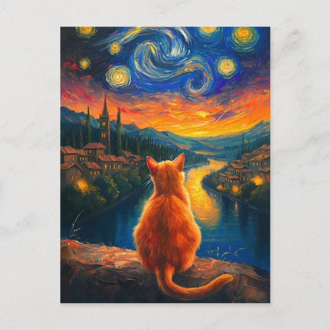 Cartão Postal Ginger Cat Contemplativo | Starry Night Sky Art (Frente)
