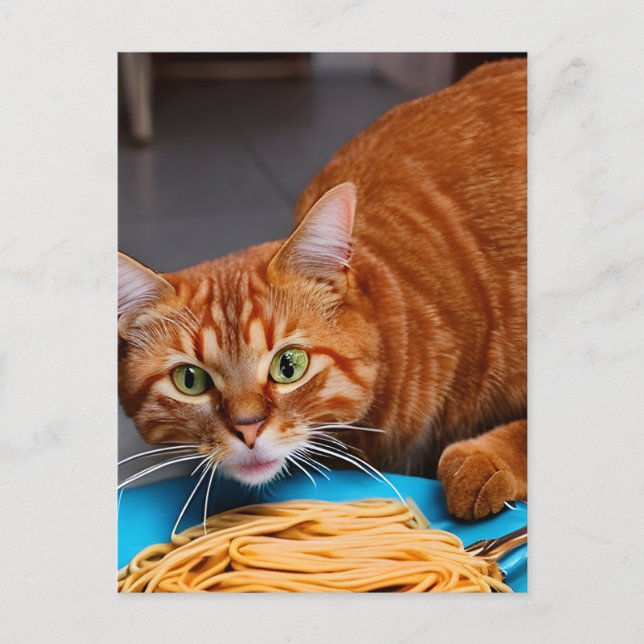 Cartão Postal Ginger Cat Eating Spagetti (Frente)