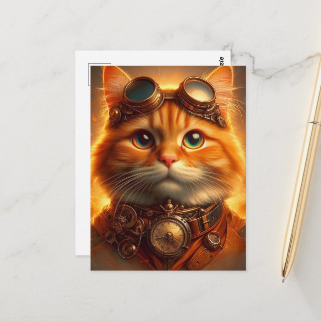 Cartão Postal Ginger Cat Steampunk (Frente/Verso In Situ)