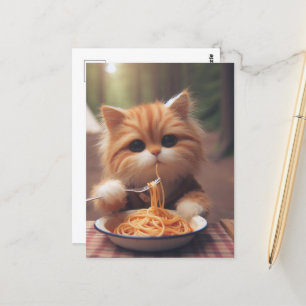 Cartão Postal Ginger Gatinho Come Espaguete