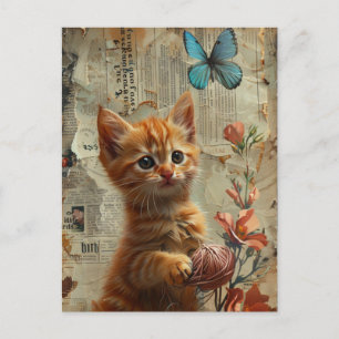 Cartão Postal Ginger Kitten Adorável Com Borboleta Azul De Fios