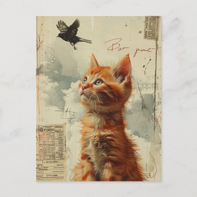 Cartão Postal Ginger Kitten Adorável Com Mídia Mistura De Pássar (Frente)