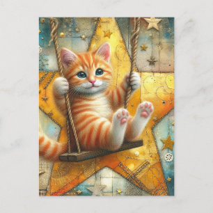 Cartão Postal Ginger Kitten Adorável em um Swing