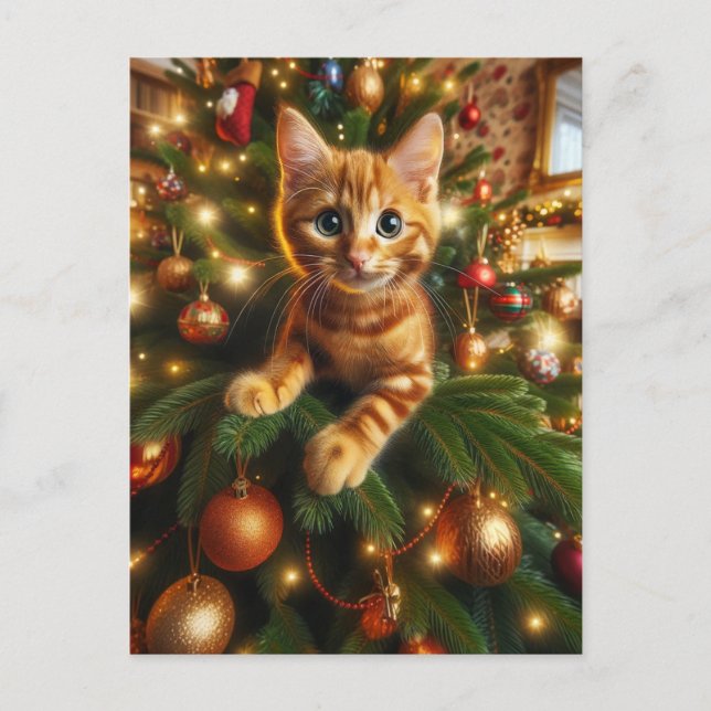 Cartão Postal Ginger Kitten Adorável numa Árvore de Natal (Frente)