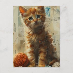 Cartão Postal Ginger Kitten em Yarn Collage Cartão-postal