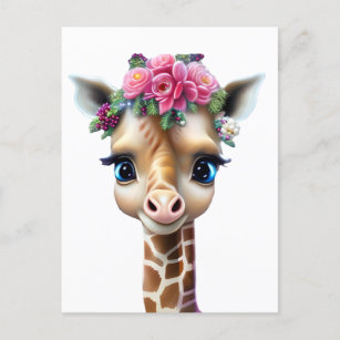 Cartão Postal Girafa-bebê bonita com flores e Holly