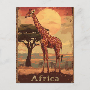 Cartão Postal Girafa com Poster de Viagens vintage Sunset Africa
