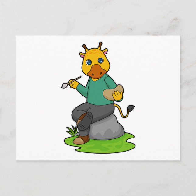Cartão Postal Girafa como Pintor com Pincel (Frente)
