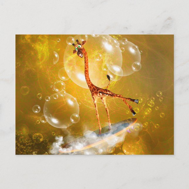 Cartão Postal Girafa de surfe engraçada com onda e bolhas (Frente)