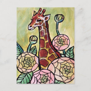 Cartão Postal Girafa e flores Girafas ilustram floral