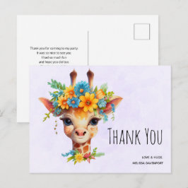 Cartão Postal Girafa Fofa com Coroa Floral Obrigado