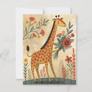 Cartão Postal Girafa fofa estilo de arte popular de parabéns