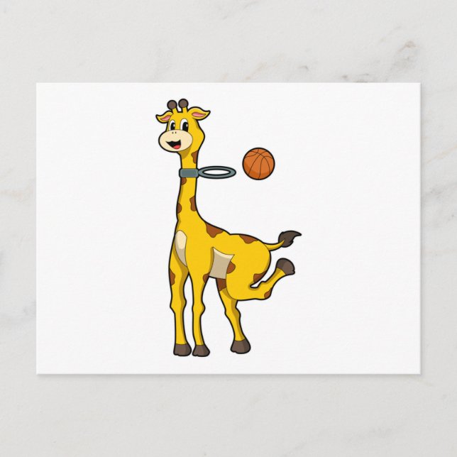 Cartão Postal Girafa no Basquete com aro de basquete (Frente)