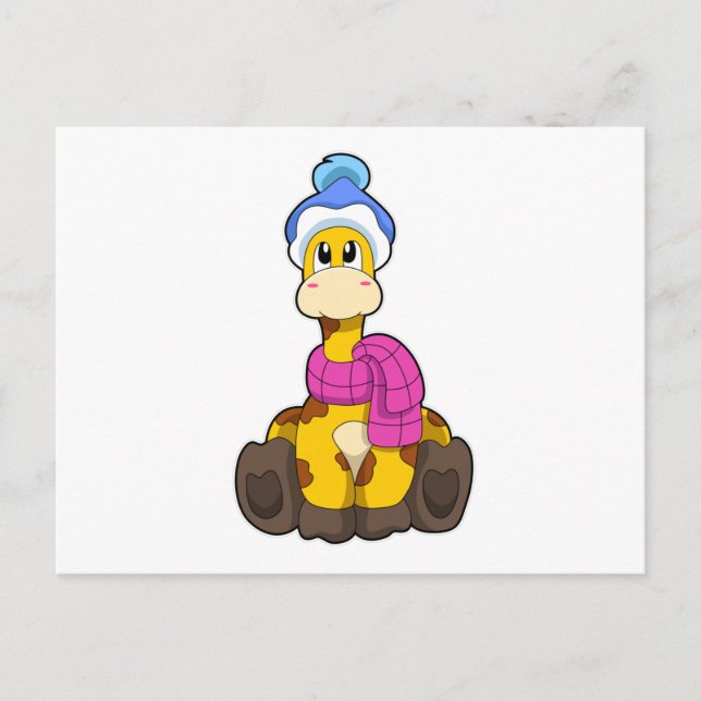 Cartão Postal Girafa no Inverno com Cachecol & Chapéu (Frente)