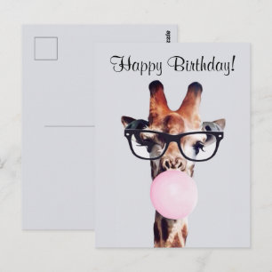 Cartão Postal Girafa Usando Óculos Sopra Chiclete Aniversário Fe