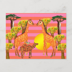 Cartão Postal Girafas, Camelo, Desenho de Pássaro Postal