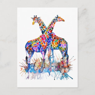 Cartão Postal Girafas Coloridas de Chuvisco de Aquarela Arco-íri