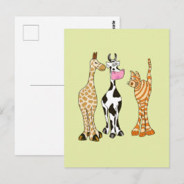 Cartão Postal Girafe vache et chat, animaux comiques.