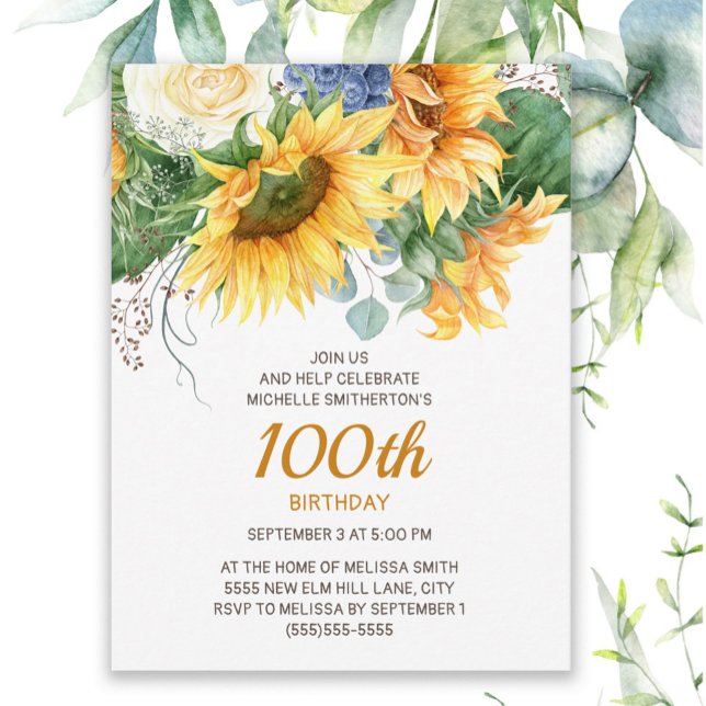 Cartão Postal Girassóis Eucalyptus 100º Aniversário (Sunflowers and eucalyptus 100th birthday party invitation)