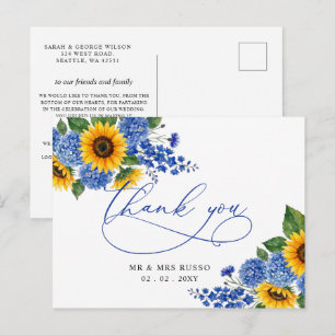 Cartão Postal Girassóis Florais Azul Royal Modern Obrigado