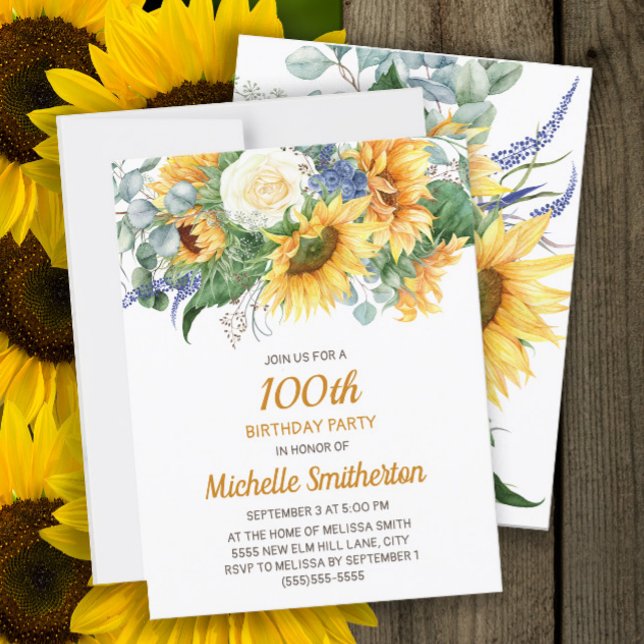 Cartão Postal Girassóis Personalizados Eucalipto 18º Aniversário (Sunflowers and eucalyptus women's 100th birthday party invitation)